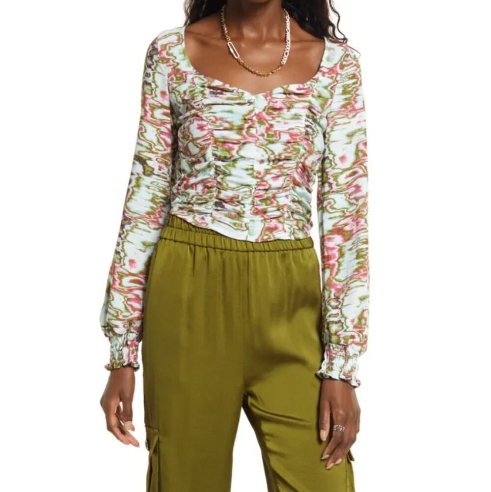 New OPEN EDIT NORDSTROM Women's Blue Green Ripple Ruched Crop Top Size L